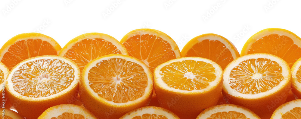 A row of oranges with the top one cut in half A row of oranges with the top one cut in half