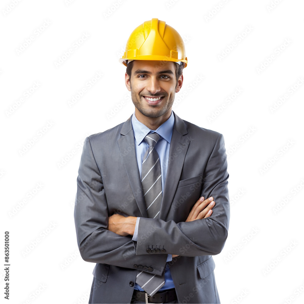 Male engineer with safety helmet on his head, smiling isolated on transparent background Male engineer with safety helmet on his head, smiling isolated on transparent background
