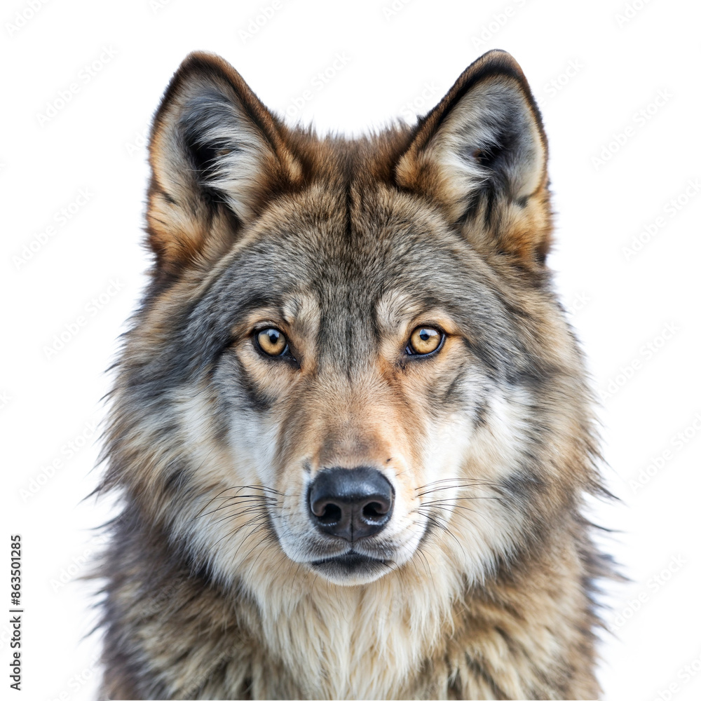 Portrait of a wolf facing front isolated on transparent background