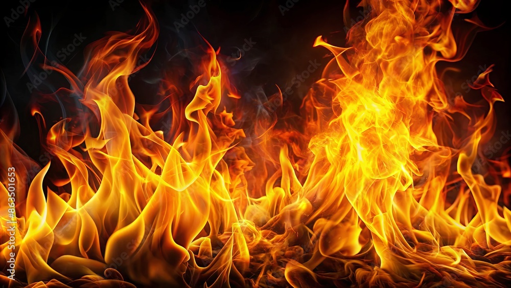 Fototapeta premium Vibrant orange and yellow flames dance across a dark black background, intense heat and light radiating from the fiery inferno.