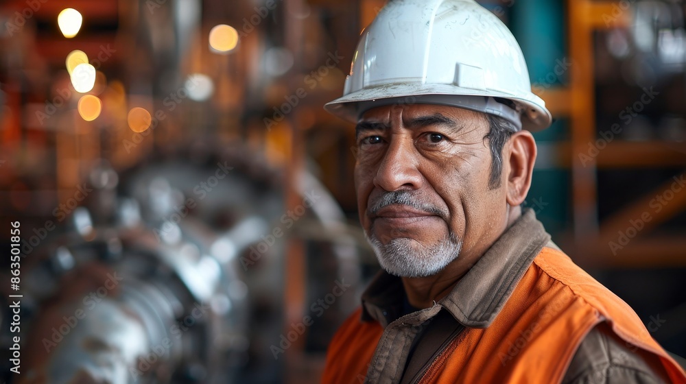 Confident Hispanic Male Mechanical Engineer in Hard Hat Helmet at Metal Factory Confident Hispanic Male Mechanical Engineer in Hard Hat Helmet at Metal Factory