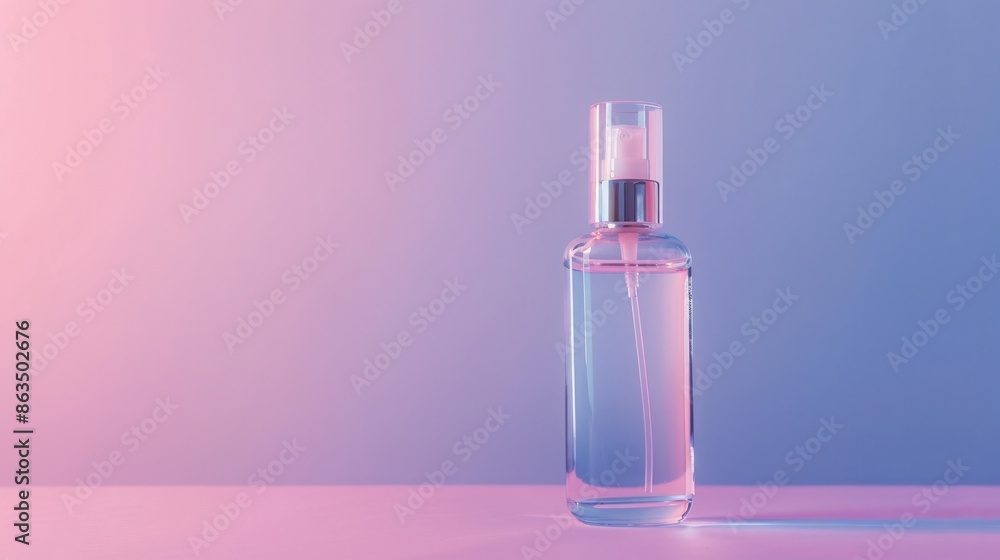 Minimalist clear perfume bottle on a purple-pink background. Elegant and luxurious design suitable for beauty and lifestyle themes. Minimalist clear perfume bottle on a purple-pink background. Elegant and luxurious design suitable for beauty and lifestyle themes.