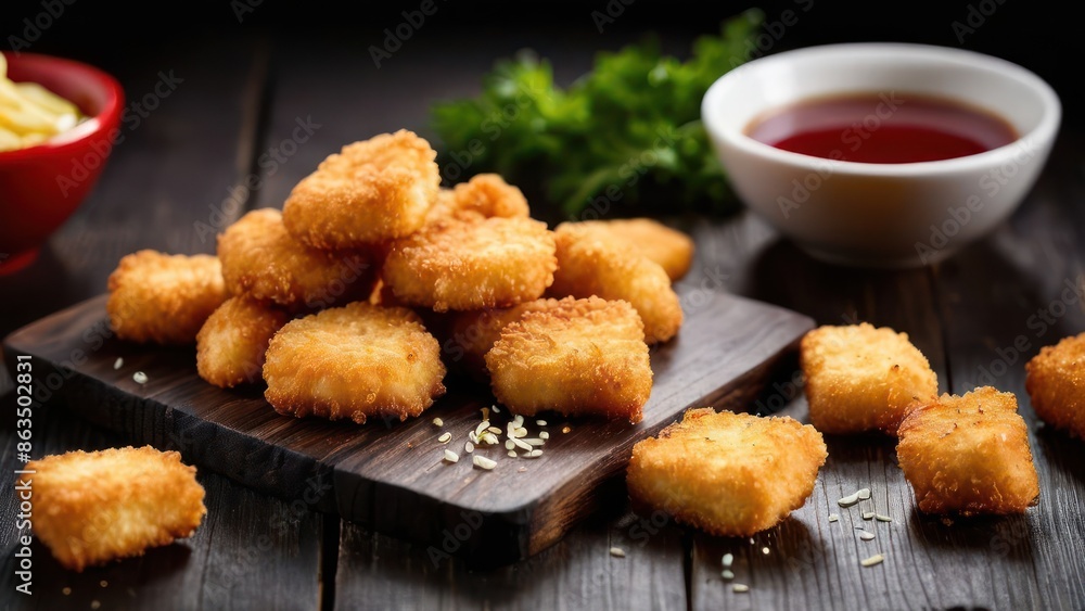Elegant Platter of Golden Fried Delights - A Minimalist Portrayal of Crispy Fish or Potatoes with Dipping Sauce and Garnish Elegant Platter of Golden Fried Delights - A Minimalist Portrayal of Crispy Fish or Potatoes with Dipping Sauce and Garnish