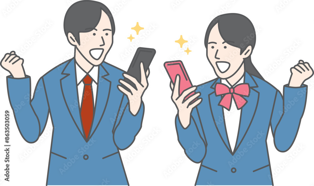 Male and female students in school uniform holding and fist-pumping their phones. Male and female students in school uniform holding and fist-pumping their phones.