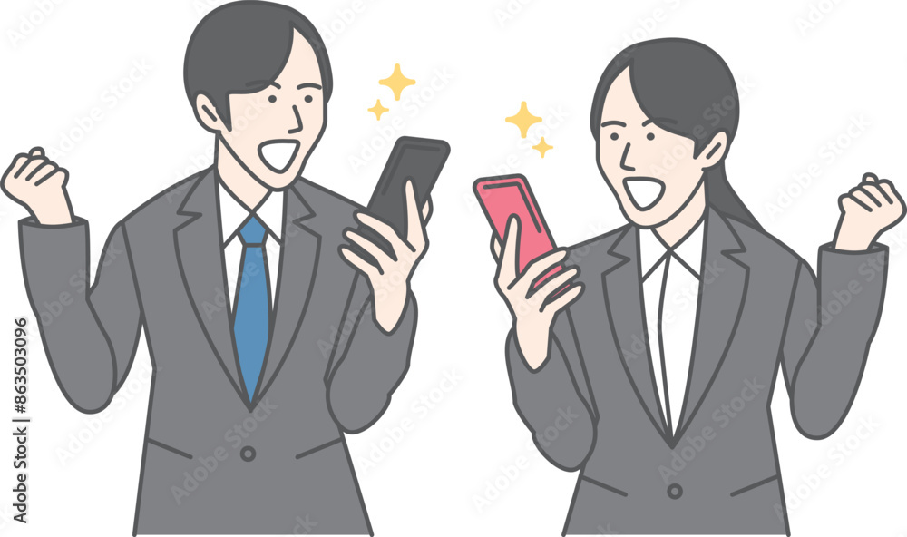 Men and women in suits holding and fist-pumping their phones. Men and women in suits holding and fist-pumping their phones.