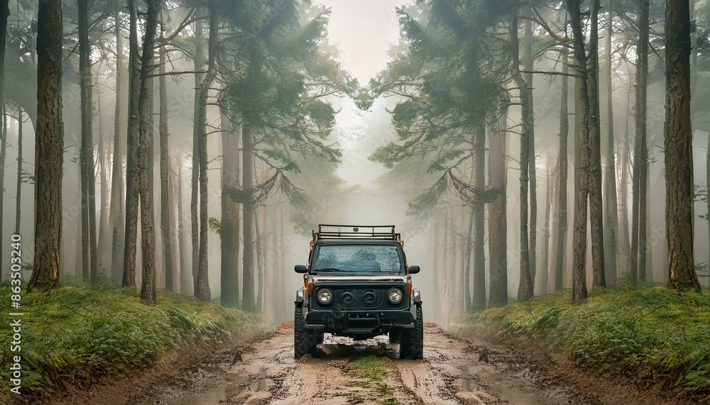 short dirty offroad running jeep in green forest with long trees in side with smoky atmosphere short dirty offroad running jeep in green forest with long trees in side with smoky atmosphere