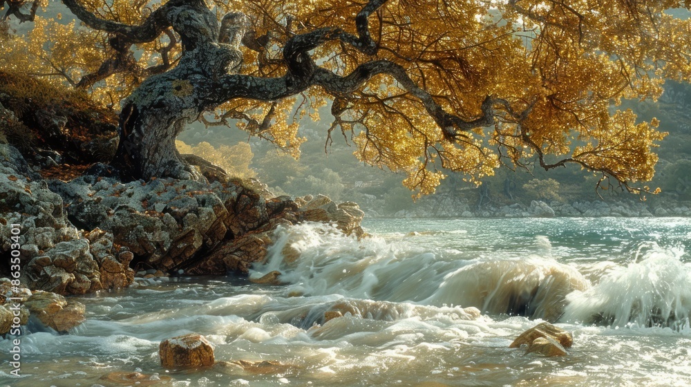 Golden Leaves Over a Rushing Stream Golden Leaves Over a Rushing Stream