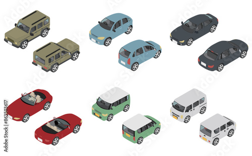 アイソメトリックイラスト：自動車セット