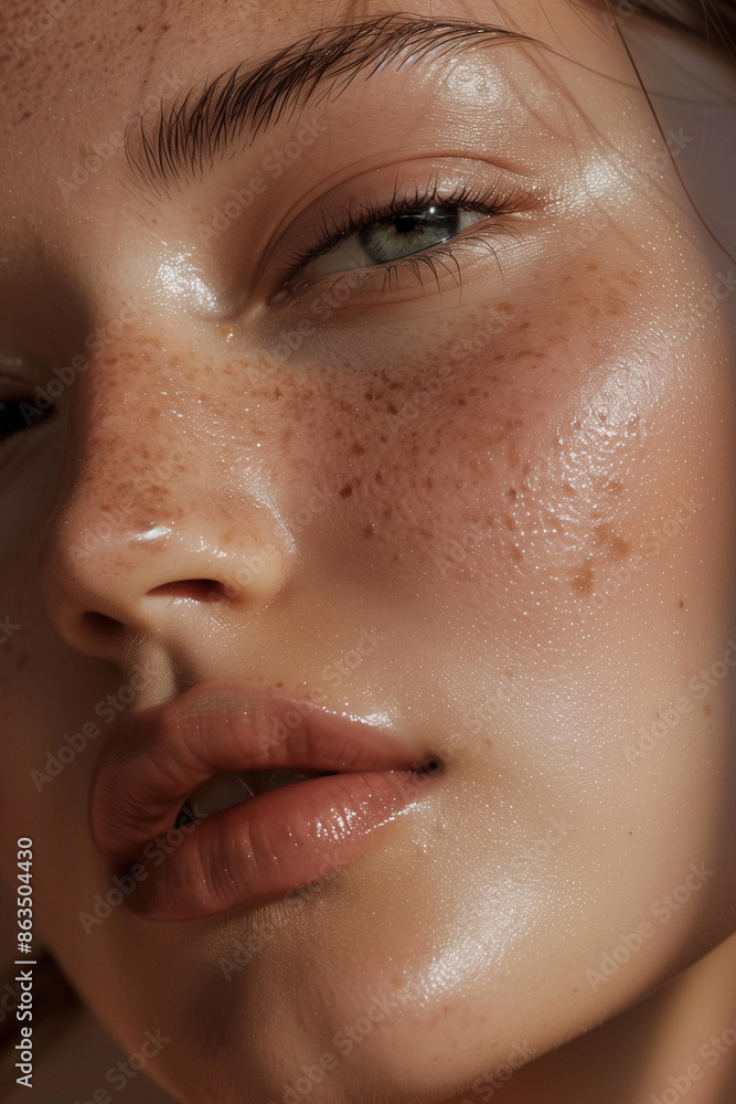 Fototapeta premium Detailed Close-Up of a Young Woman in Her 20s with Glowing, Healthy Skin, Without Makeup