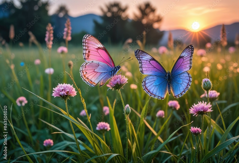 a peaceful natural scene at dusk with glowing orbs of light scattered across the background, highlighting fine details like two distinct butterflies—one blue and one pink—on slender stalks of grass. a peaceful natural scene at dusk with glowing orbs of light scattered across the background, highlighting fine details like two distinct butterflies—one blue and one pink—on slender stalks of grass.