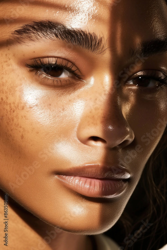 Detailed Close-Up of a Young Woman in Her 30s with Glowing, Healthy Skin, Without Makeup