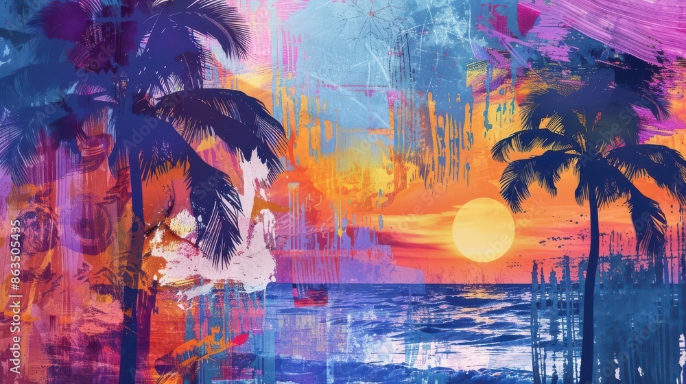 Vibrant tropical beach collage with palm trees, sunset, and abstract brush strokes, dynamic and colorful Vibrant tropical beach collage with palm trees, sunset, and abstract brush strokes, dynamic and colorful