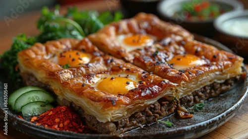 Savory Puff Pastry with Eggs and Ground Meat © almeera