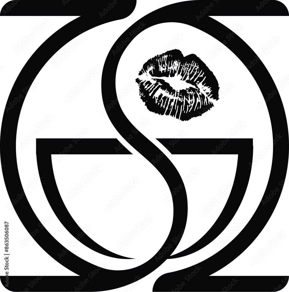 Logo. Coffee. Favourite drink. Monochrome drawing. Lip print. Kiss over the cup. Vector picture. Logo. Coffee. Favourite drink. Monochrome drawing. Lip print. Kiss over the cup. Vector picture.