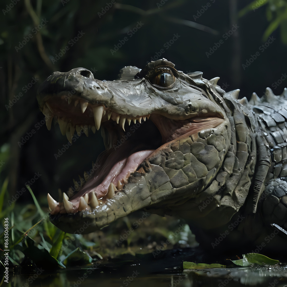Obraz premium crocodile with open mouth and teeth in water with vegetation in background