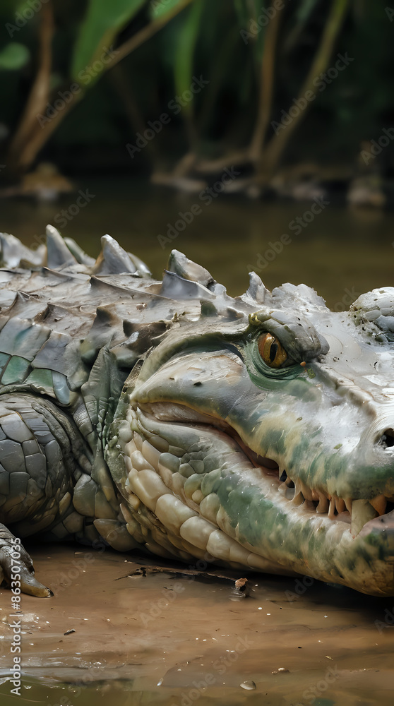 Fototapeta premium crocodile laying on the ground in the water with its mouth open