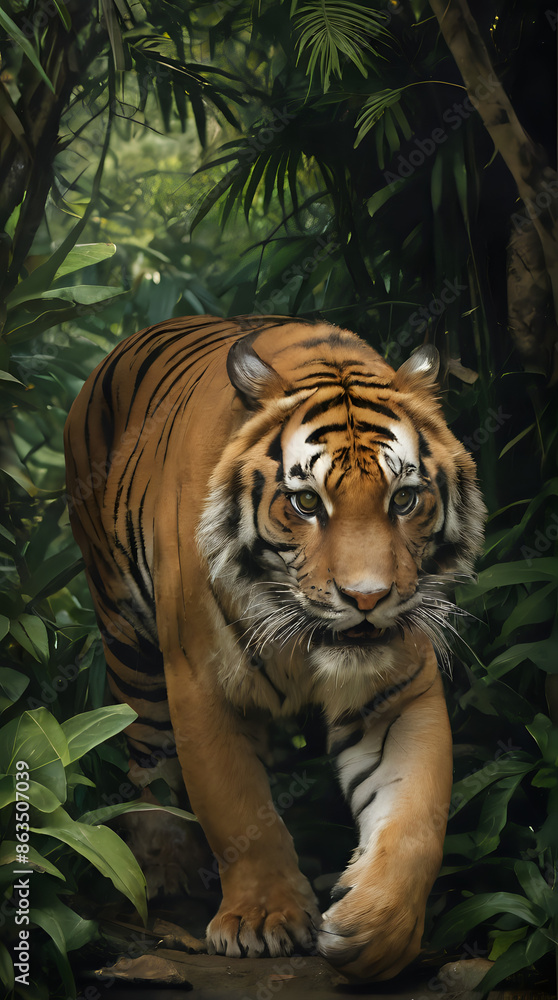 a tiger walking through the jungle with trees and plants a tiger walking through the jungle with trees and plants