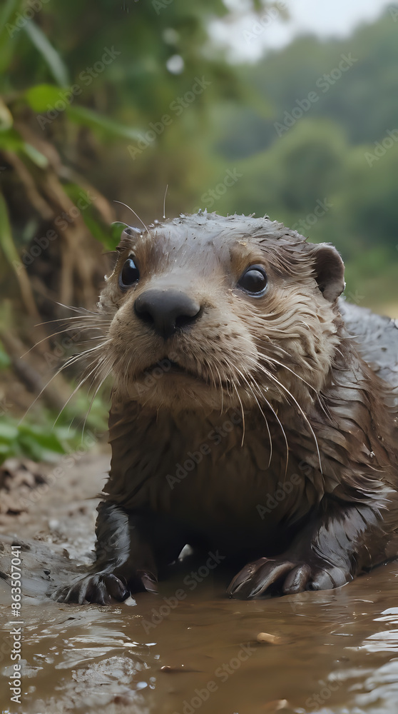 a wet otter that is sitting in the water a wet otter that is sitting in the water