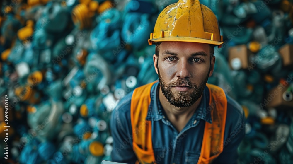 Construction Worker Looking Up From a Pile of Recyclable Materials Construction Worker Looking Up From a Pile of Recyclable Materials