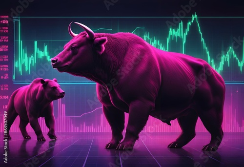 Financial bull and bear with stock charts. Stock market volatility bull and bear