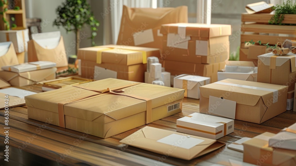 Efficient Ecommerce Organized Shipping Boxes and Envelopes Ready for Fulfillment on Wooden Table