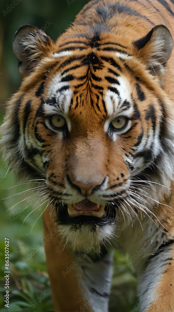 Fototapeta premium a tiger walking through the grass with its mouth open