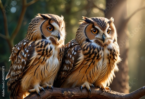 illustration showing two owls, one large with speckled brown plumage and a smaller, fluffier one, in an affectionate moment. photo