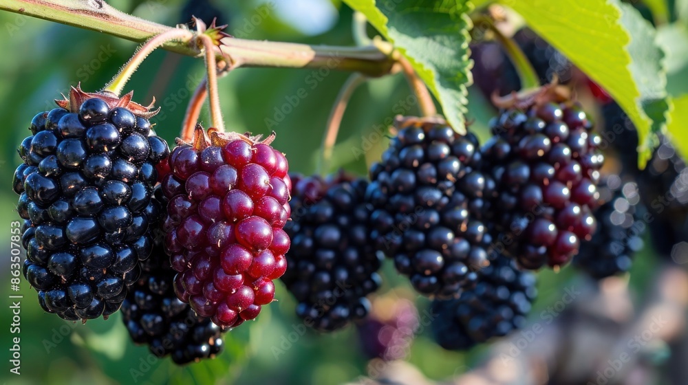 Black and Red Ripe Blackberries on a Branch Black and Red Ripe Blackberries on a Branch