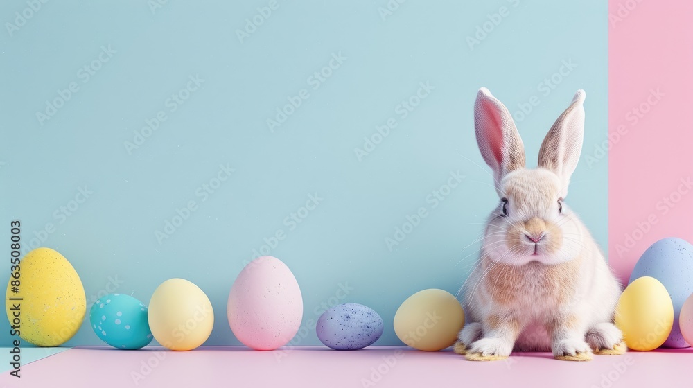 Minimal Easter Art with Bunny Peeking on Pastel Background Minimal Easter Art with Bunny Peeking on Pastel Background