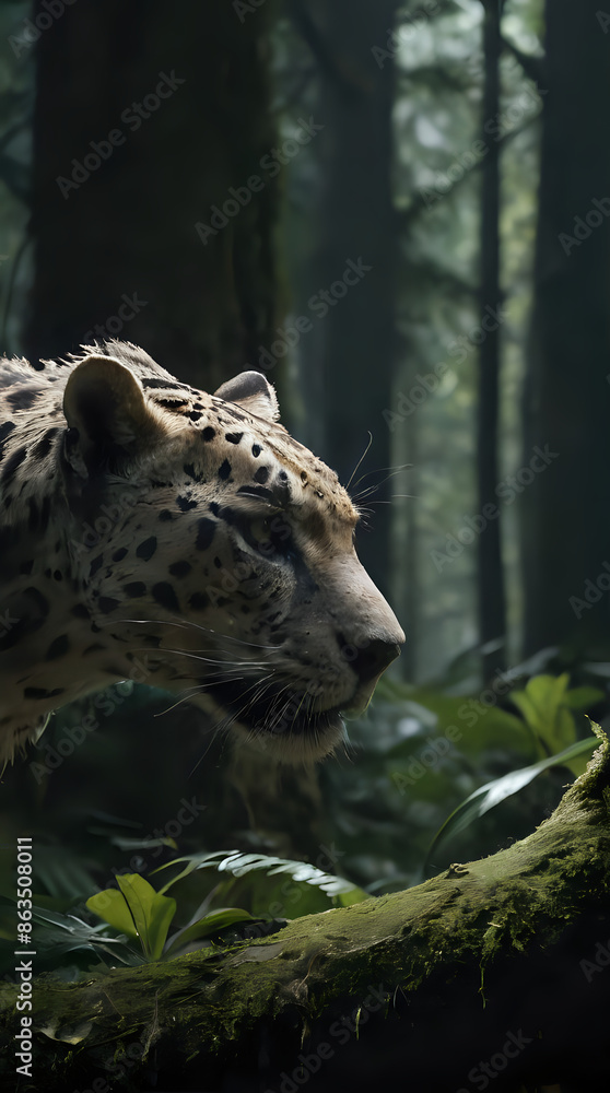 Fototapeta premium a snow leopard walking through a forest with trees