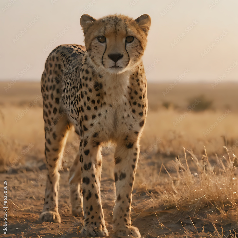 a cheetah standing in the middle of a field a cheetah standing in the middle of a field