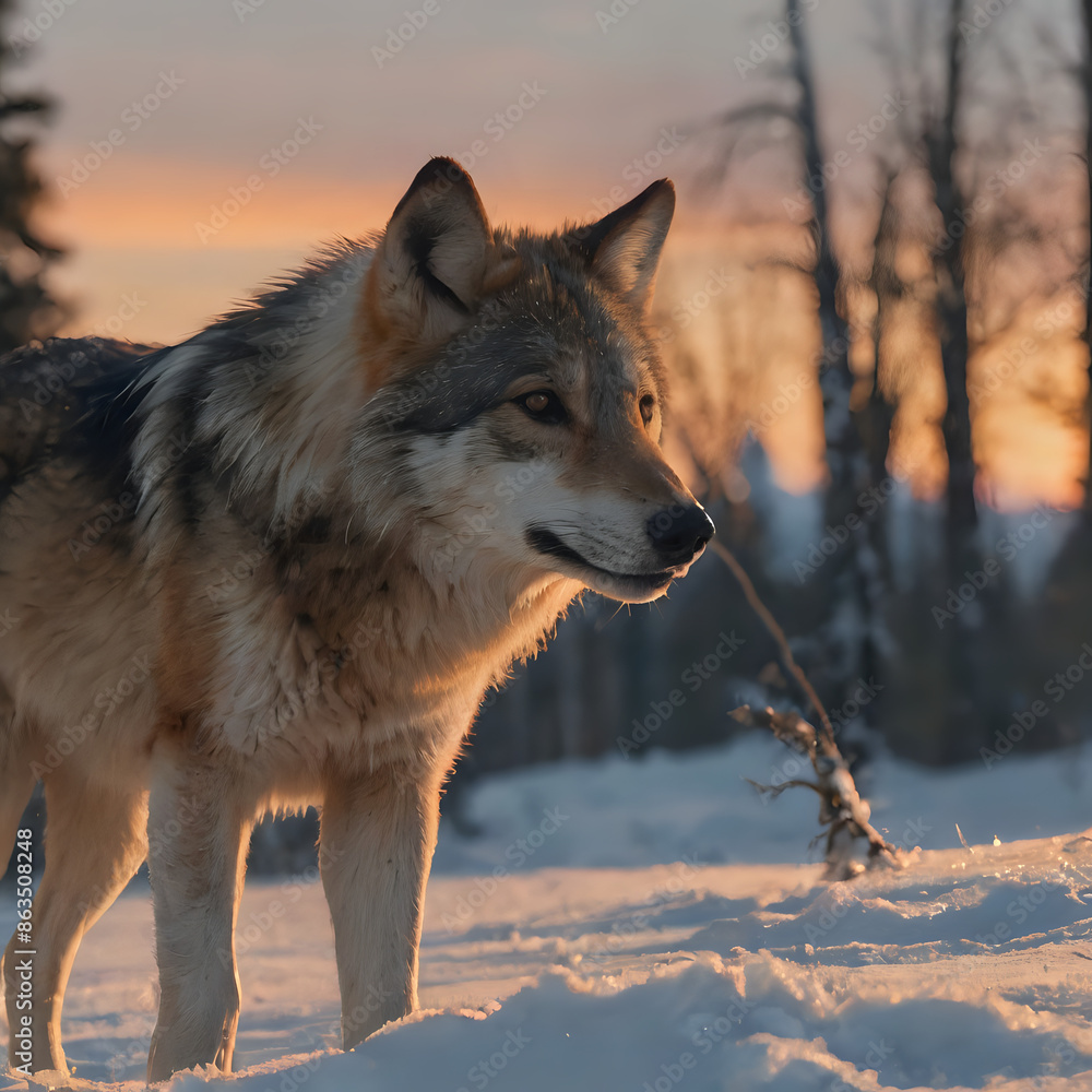 a wolf standing in the snow with trees in the background a wolf standing in the snow with trees in the background