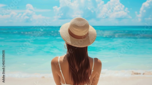 A behind of beautiful young girl in a straw hat poses on a paradise beach with white sand