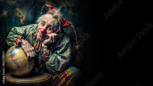 Old clown in a colorful costume, sitting on the ground, with his head resting on his hand, smiling and holding a world globe.  Copy space on black background, aspect ratio 16:9