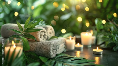 Peaceful nature-inspired spa setup with green leaves and candles