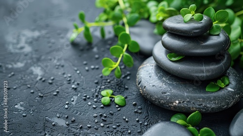 Natural spa setting with smooth stones and green plants