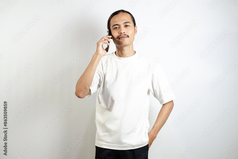 Asian man with various expressions while holding mobile phone. isolated in white background Asian man with various expressions while holding mobile phone. isolated in white background