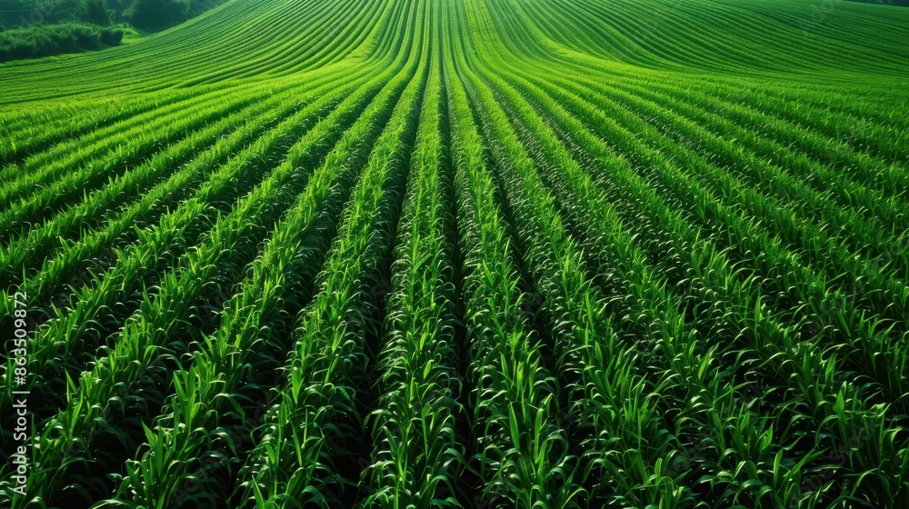 A lush green field with parallel rows of crops extending to the horizon, under a clear sky.
A lush green field with parallel rows of crops extending to the horizon, under a clear sky.