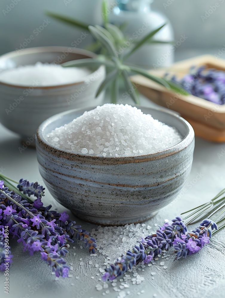 Tranquil spa setup with sea salt and lavender flowers Tranquil spa setup with sea salt and lavender flowers