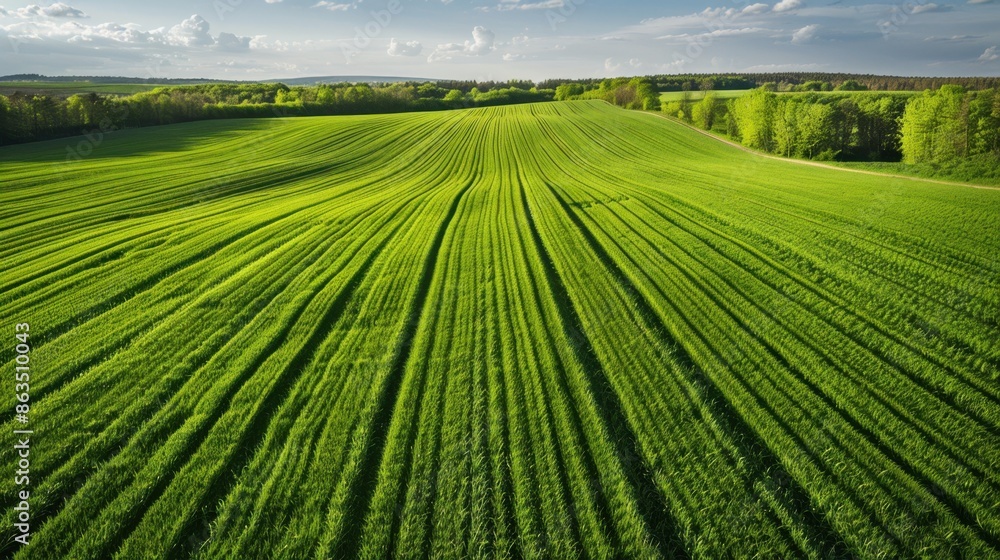 An expansive farmland with straight rows of crops, under a bright blue sky with scattered clouds.
An expansive farmland with straight rows of crops, under a bright blue sky with scattered clouds.