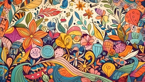 Whimsical, illustrated background with playful, hand-drawn doodles and a cheerful color scheme