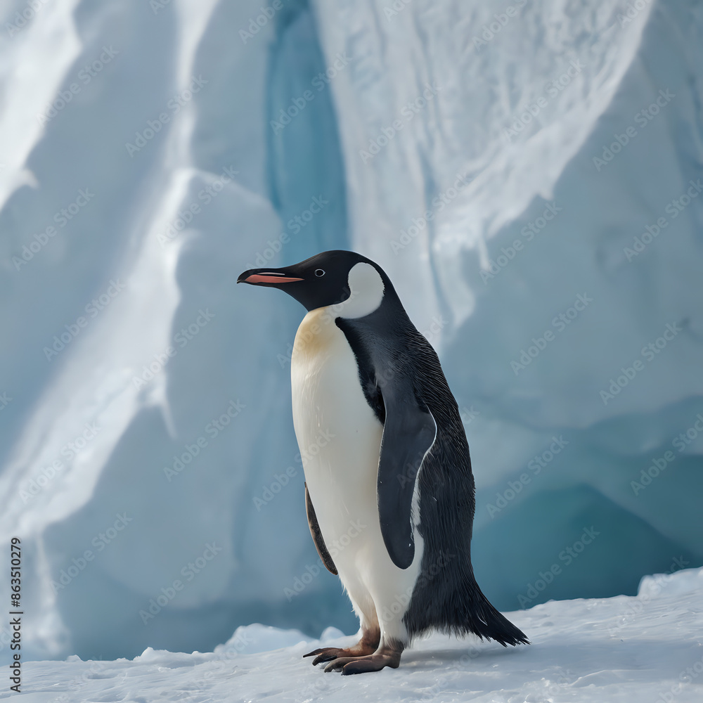 Obraz premium a penguin standing on the snow with a big iceberg in the background
