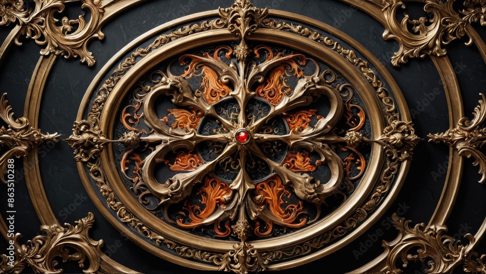 Ornate Gold and Red Jewel Design on Black Background. Ornate Gold and Red Jewel Design on Black Background.