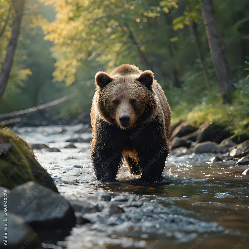 a brown bear walking through a stream in the woods a brown bear walking through a stream in the woods