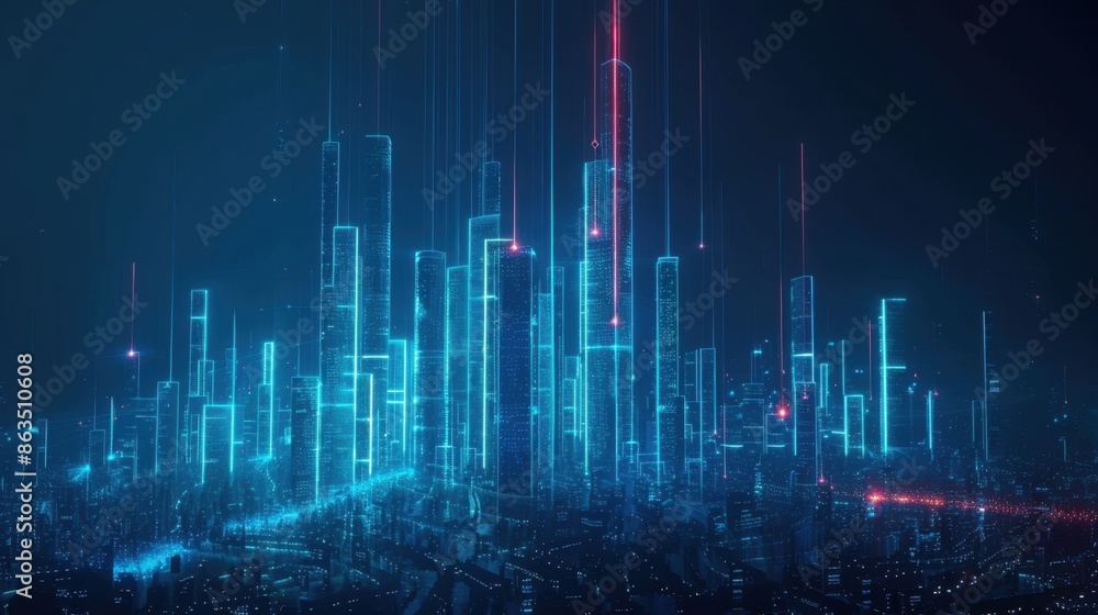 Naklejka premium A futuristic cityscape with blue holographic data streams overlaying a vibrant urban skyline. 