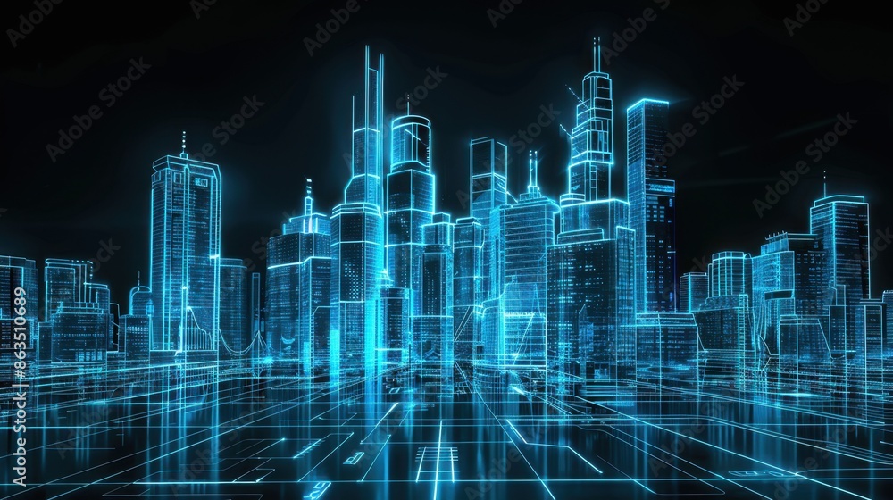 A futuristic vision of a city, featuring blue digital lines and data streams across the skyline.
A futuristic vision of a city, featuring blue digital lines and data streams across the skyline.