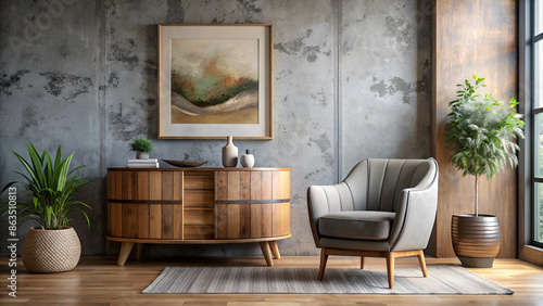 Barrel armchair and rustic cabinet near stucco wall with abstract art frame. Minimalist interior design of modern living room.