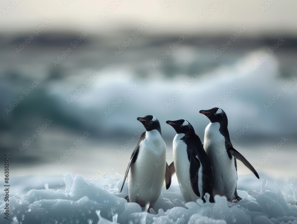 Obraz premium Three Penguins Standing on Ice with Ocean Waves in the Background on a Cold Winter Day