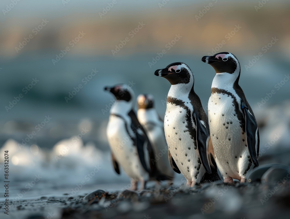 Naklejka premium Group of Penguins Standing on Rocky Beach with Ocean Waves in Background at Sunset