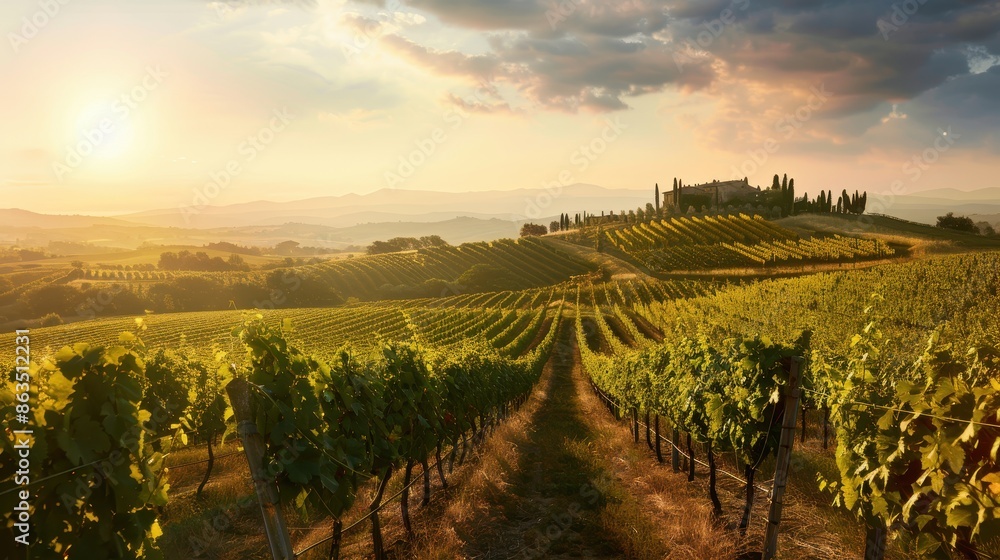 Naklejka premium Stunning Sunset Over Rolling Vineyards in Tuscany, Italy with Dramatic Sky and Sunlight